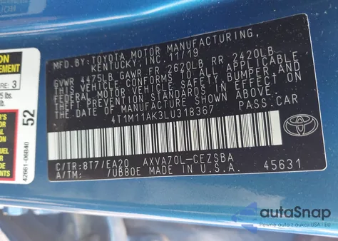 2020 Toyota Camry Se/Se Night Shade z USA, uszkodzony, nr VIN 4T1M11AK3LU318367